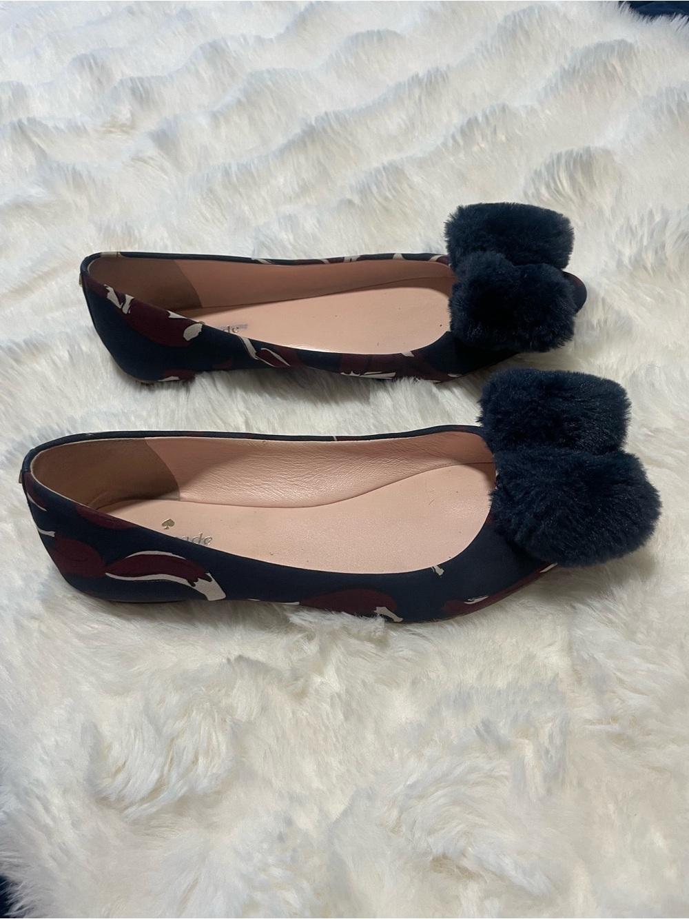 kate spade Black Floral-Print Ballet Flats with Pom Pom